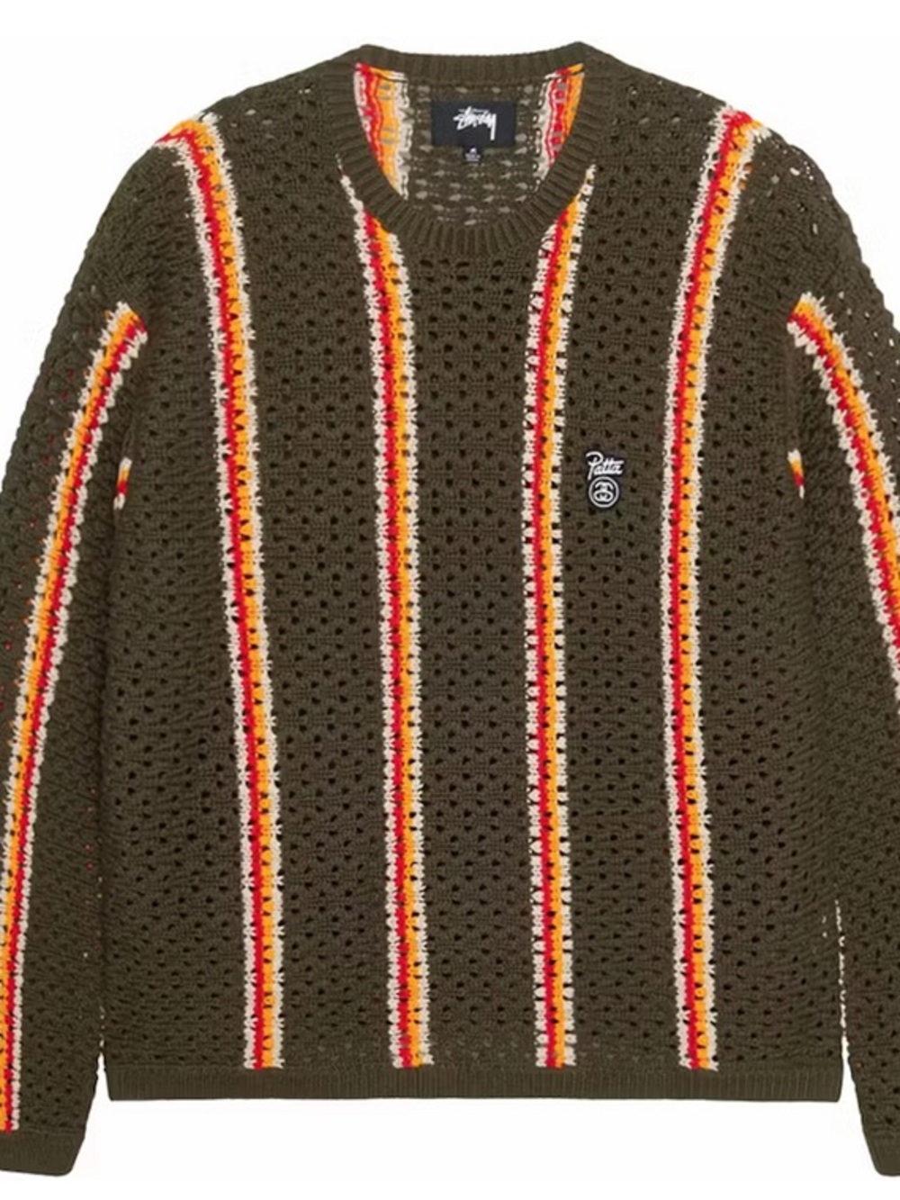 Stussy Olive Open-Knit Crewneck Sweater with Red, Orange, Yellow & Cream Stripes